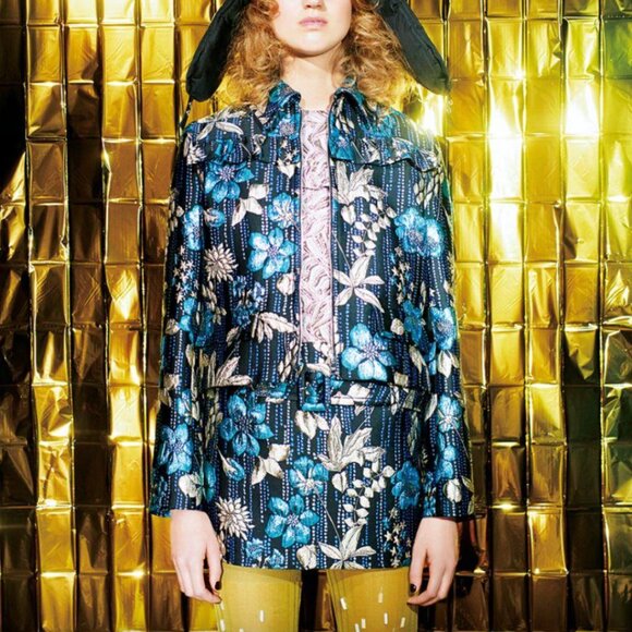 $2250 PRADA 2018 Black Embroidered Silk Floral Brocade Zip Ruffle Jacket IT 38/2 - Picture 2 of 14